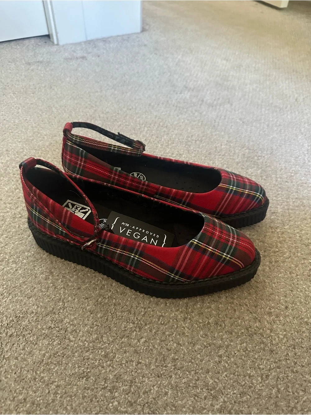 T.U.K Red Plaid Ballet Flats with Black Platform Sole
